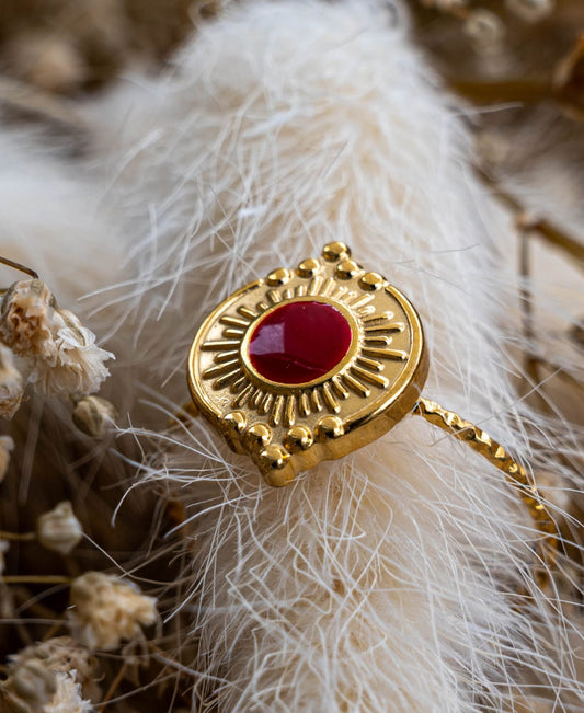 Cherry Glow – Stainless Steel Enamel Ring Gold & Red