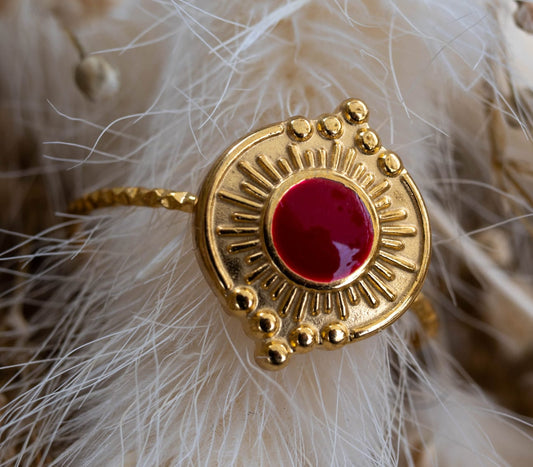 Cherry Glow – Stainless Steel Enamel Ring Gold & Red
